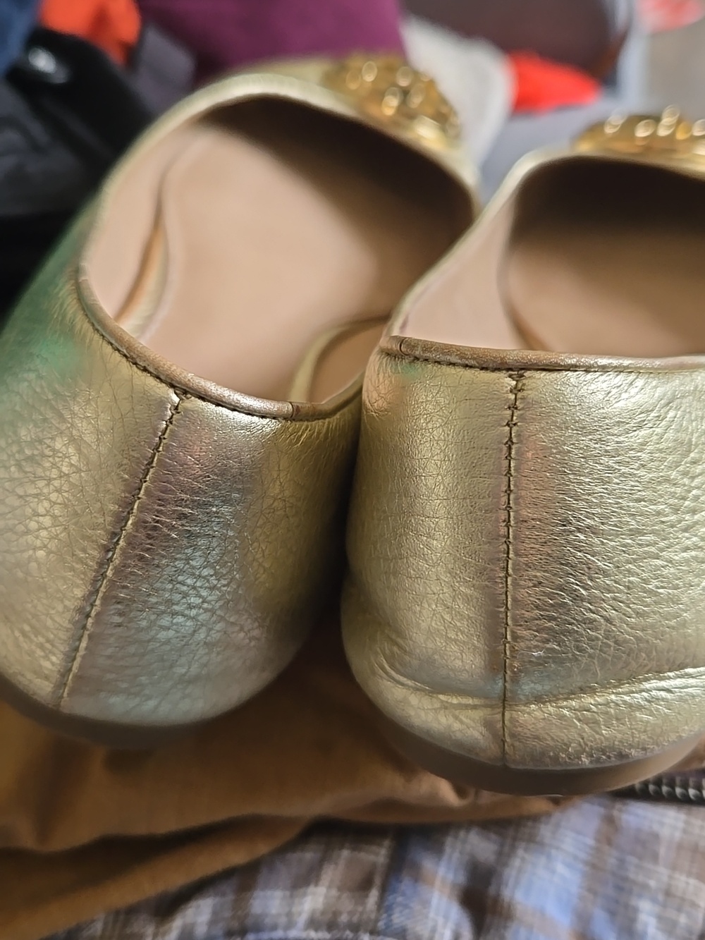 Tory Burch Metallic Gold Leather Ballet Flats with Logo Medallion - Picture 6 of 8